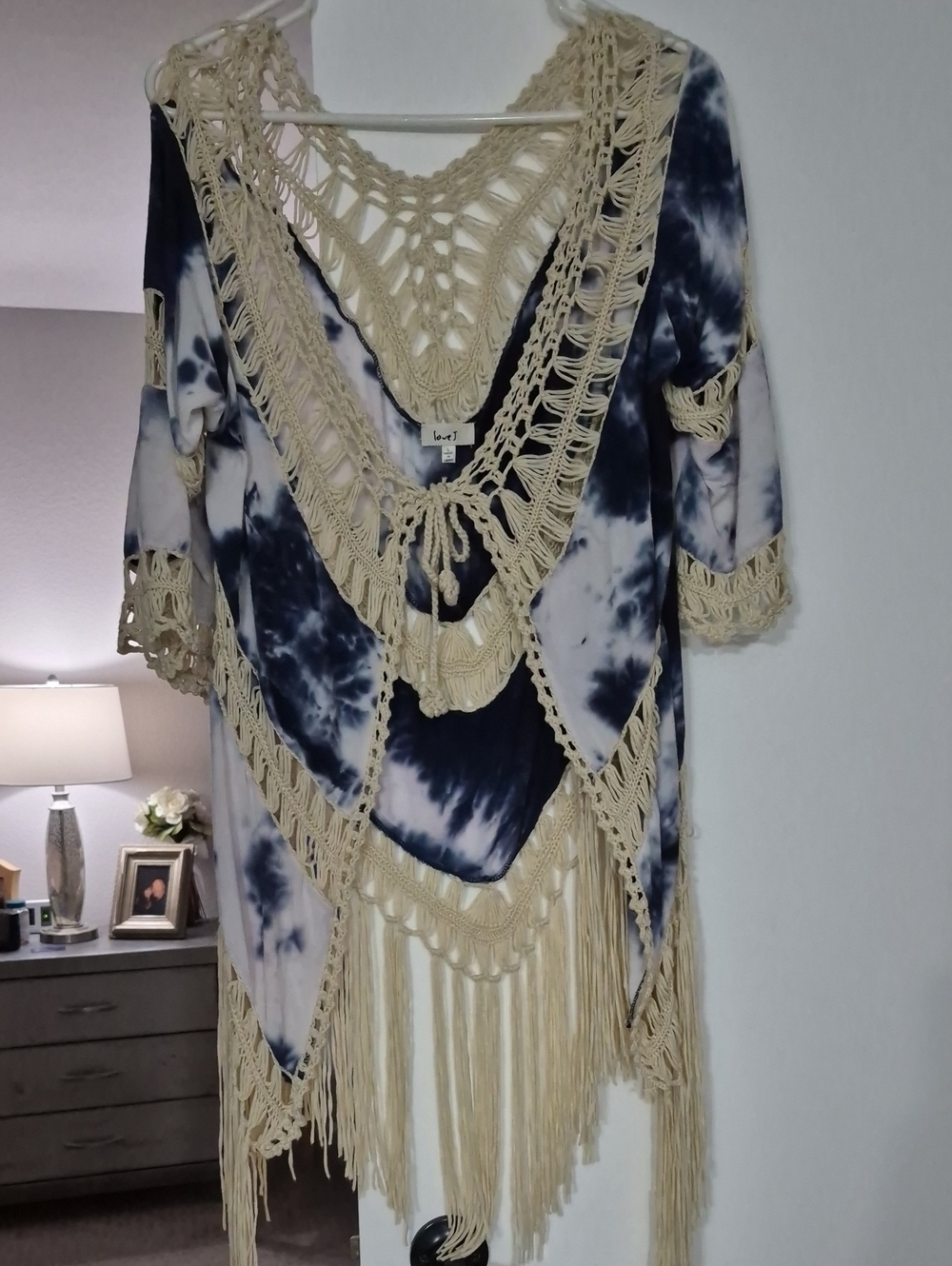 love J Navy Tie-Dye Crochet Fringe Top